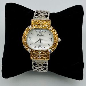 Cardini Two Tone Watch Crystal Gold Silver Filigree Bangle Coquette Statement